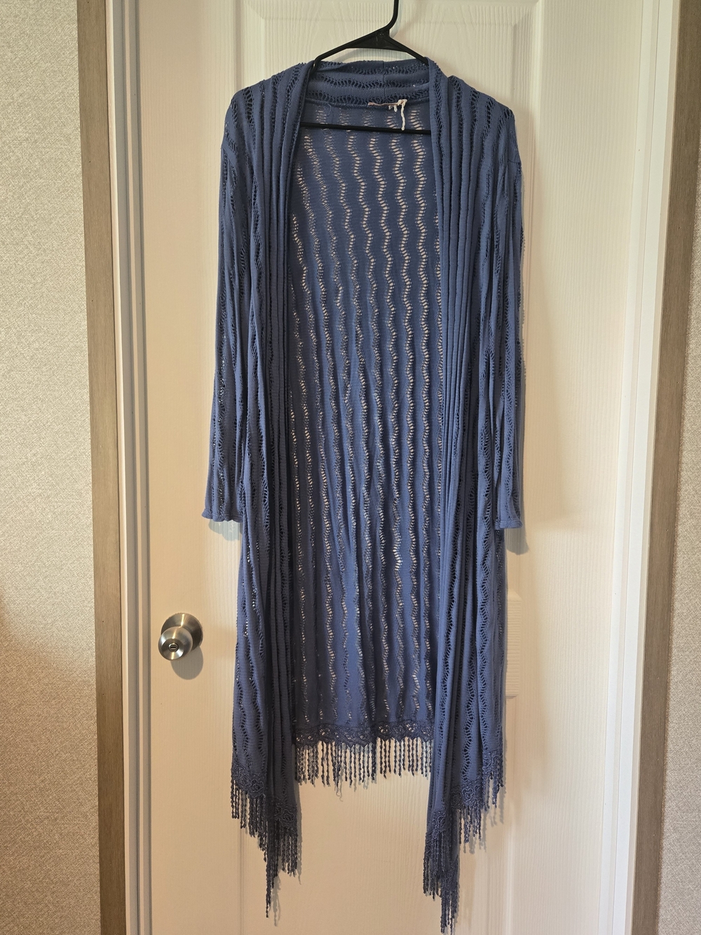 Blue Open-Front Crochet Duster Cardigan with Fringe
